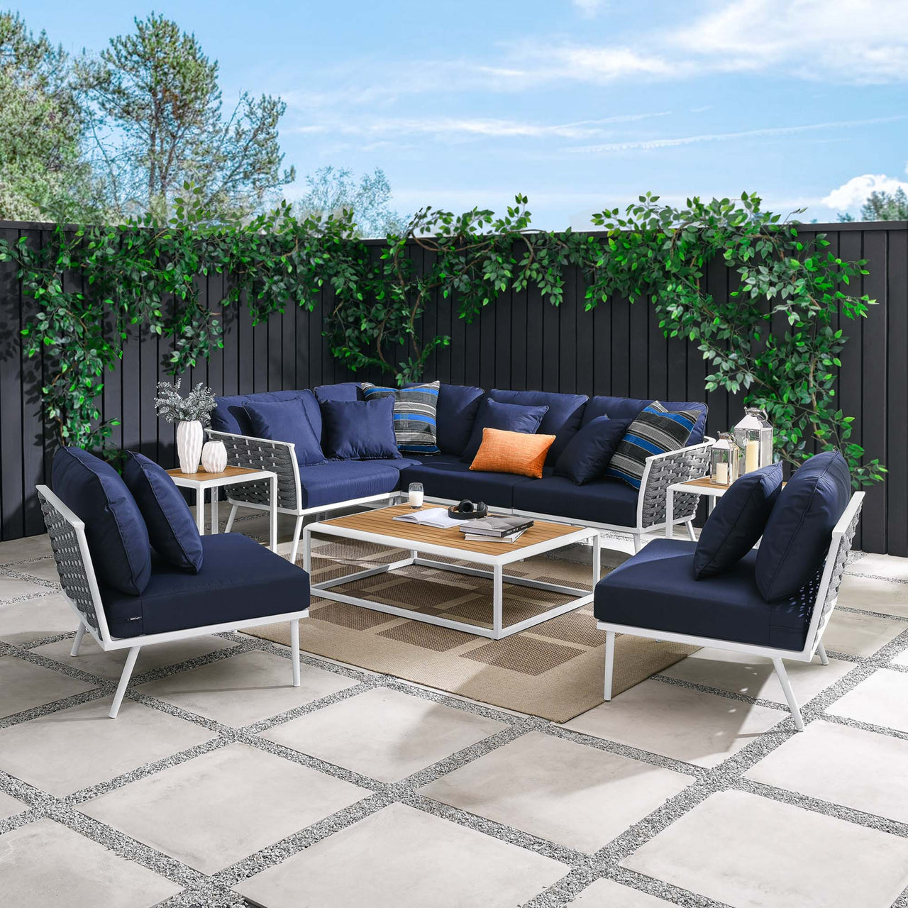 Stellan 9-Piece Aluminum Alfresco Sectional Sofa Set, White & Navy