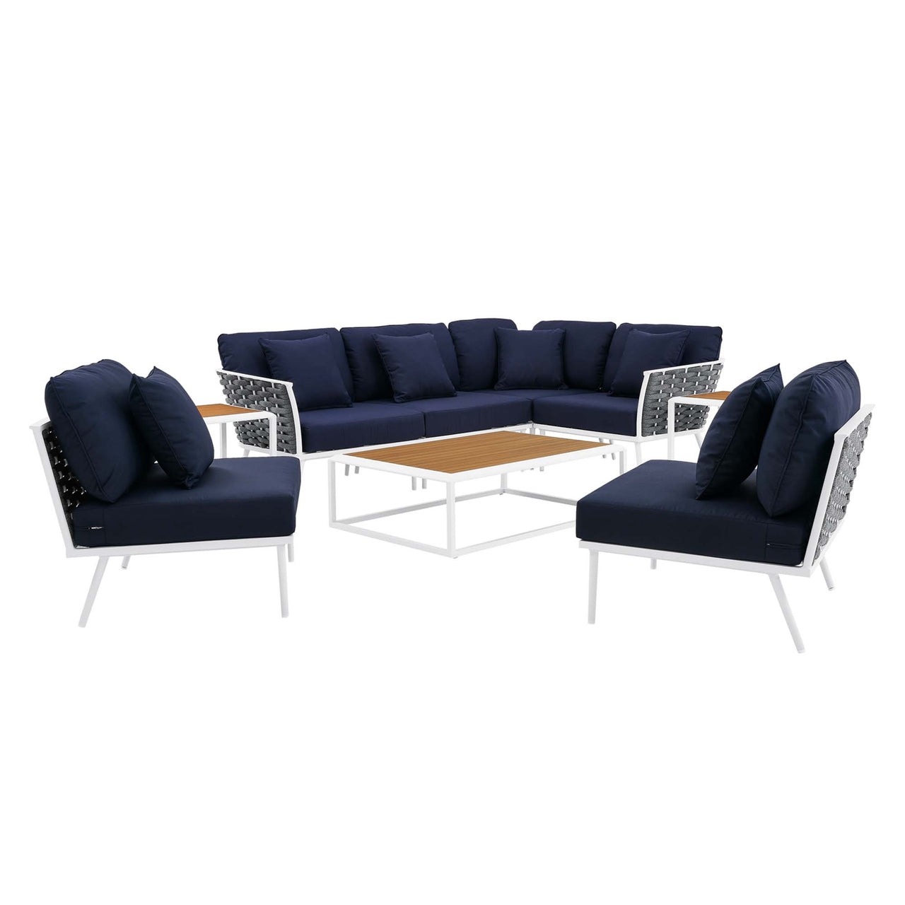 Stellan 9-Piece Aluminum Alfresco Sectional Sofa Set, White & Navy