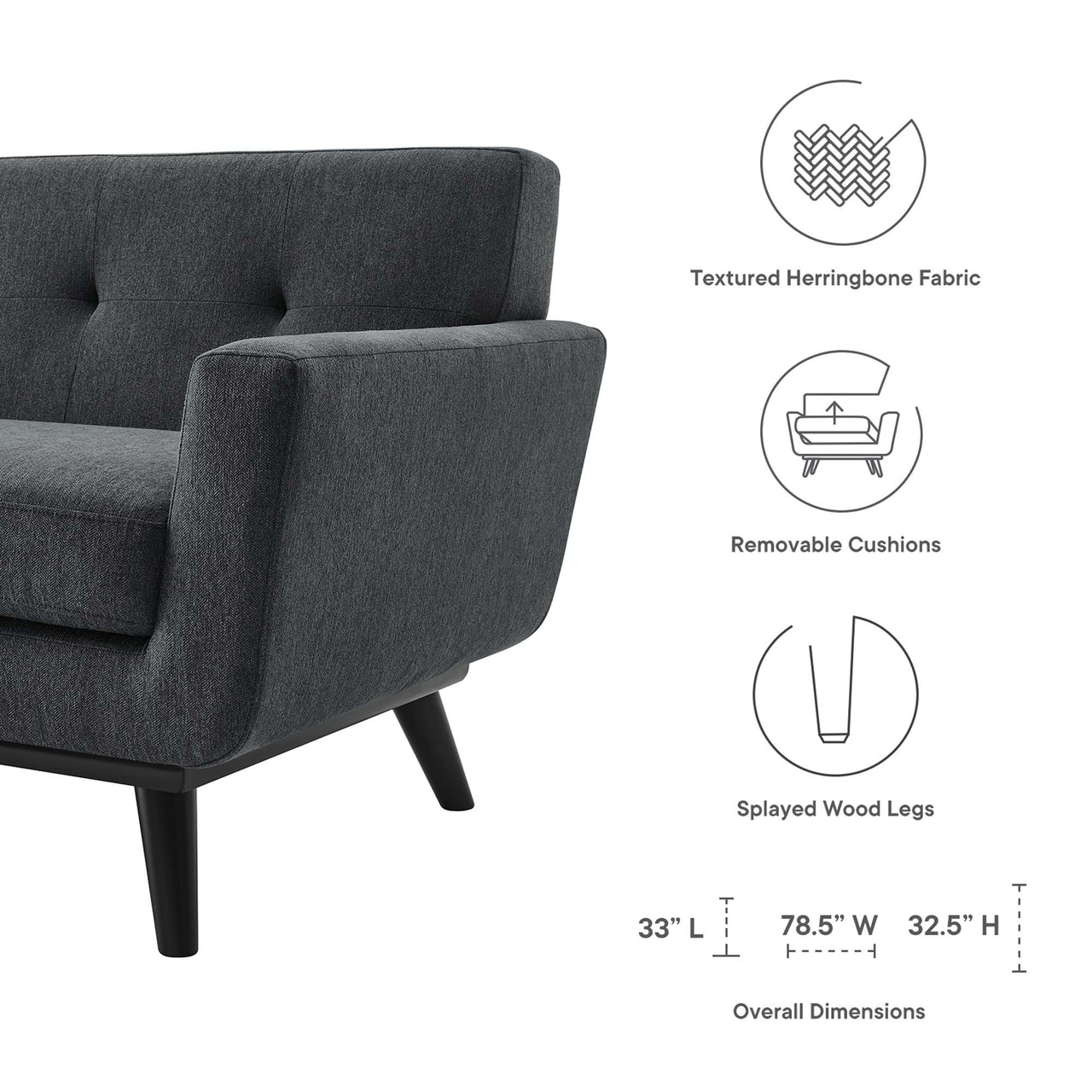 Rendezvous Herringbone Fabric Loveseat, Charcoal