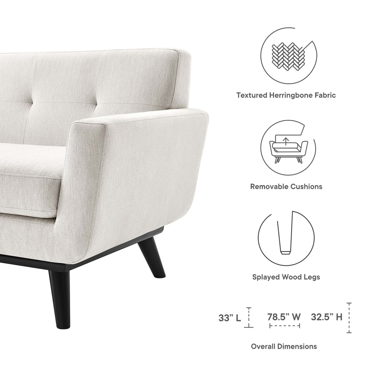 Rendezvous Herringbone Fabric Loveseat, Ivory
