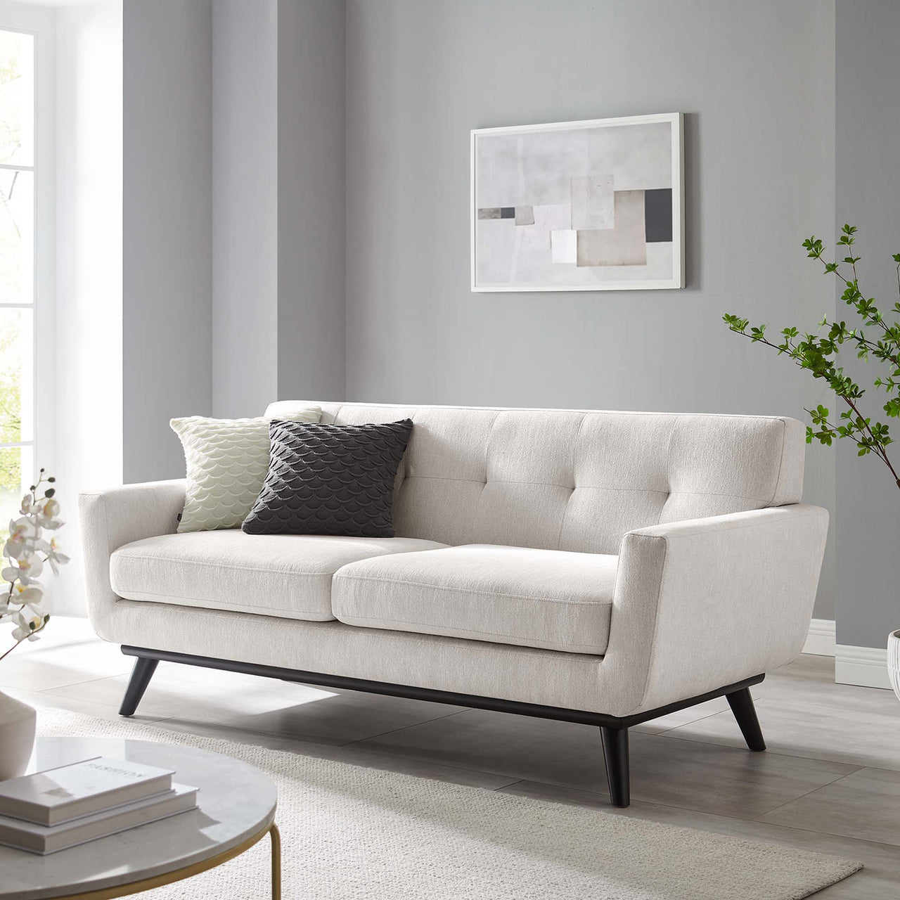 Rendezvous Herringbone Fabric Loveseat, Ivory