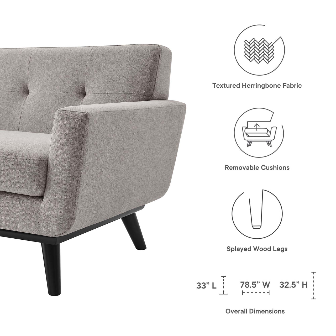Rendezvous Herringbone Fabric Loveseat, Light Gray