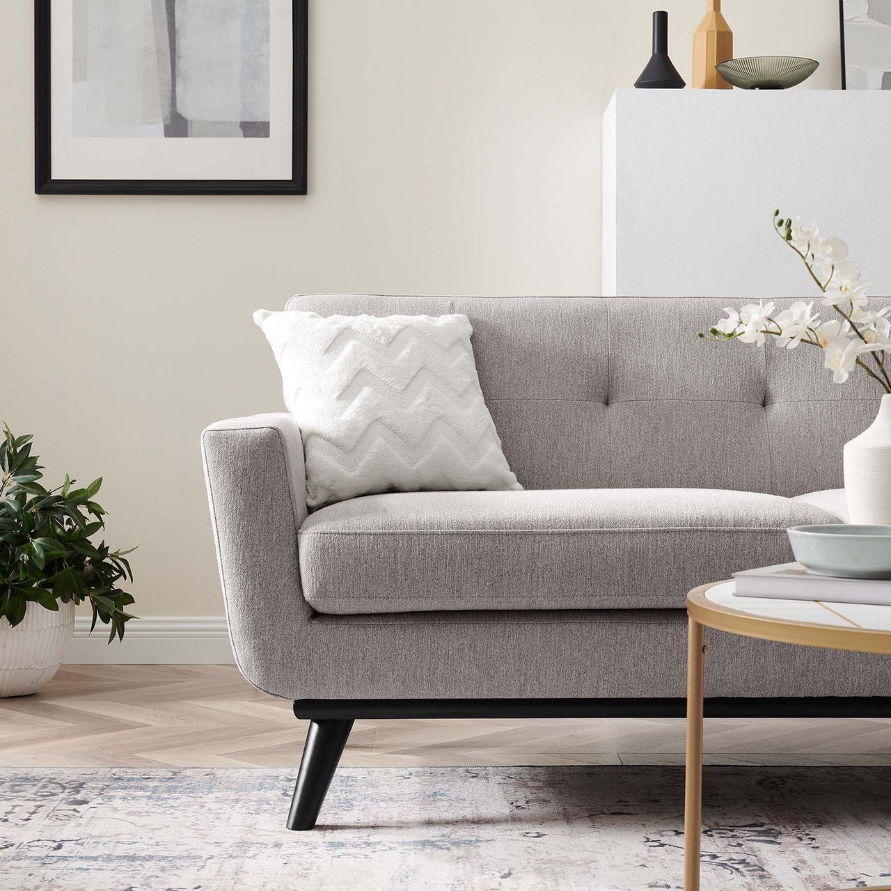 Rendezvous Herringbone Fabric Loveseat, Light Gray