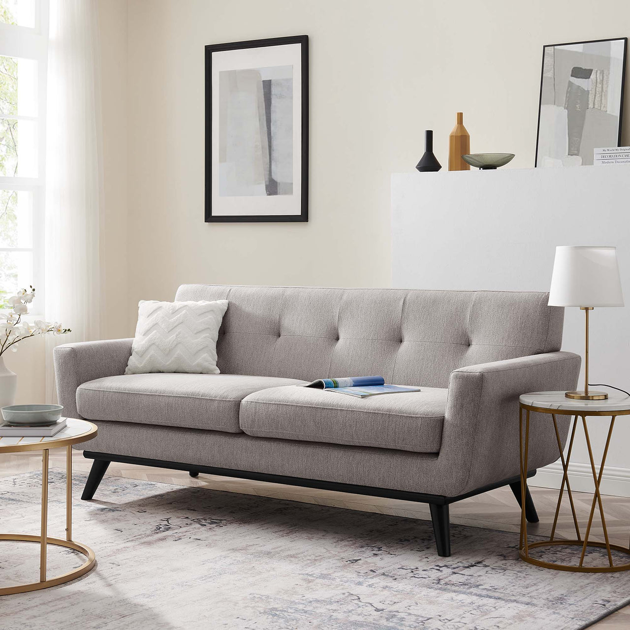 Rendezvous Herringbone Fabric Loveseat, Light Gray