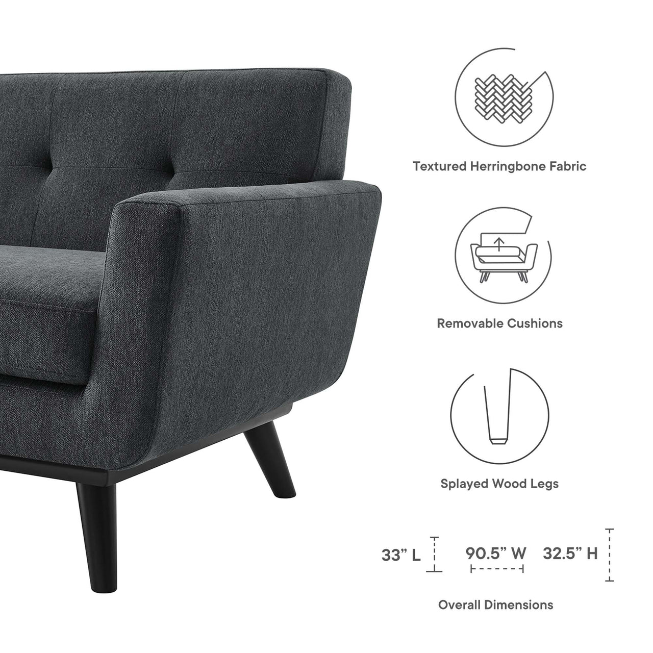 Rendezvous Herringbone Fabric Sofa, Charcoal