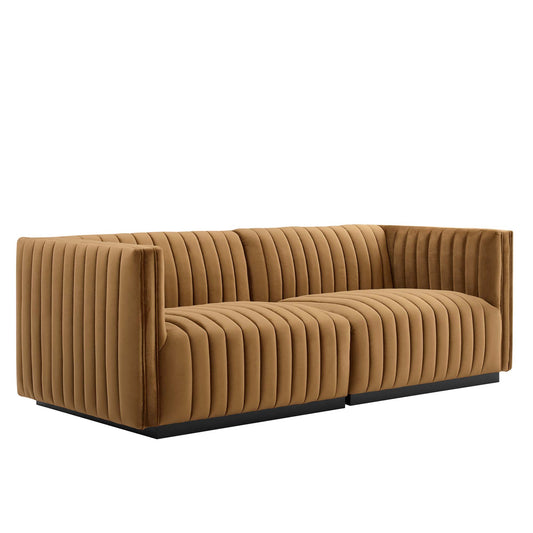 Evoke Velvet Loveseat Sectional, Black & Cognac