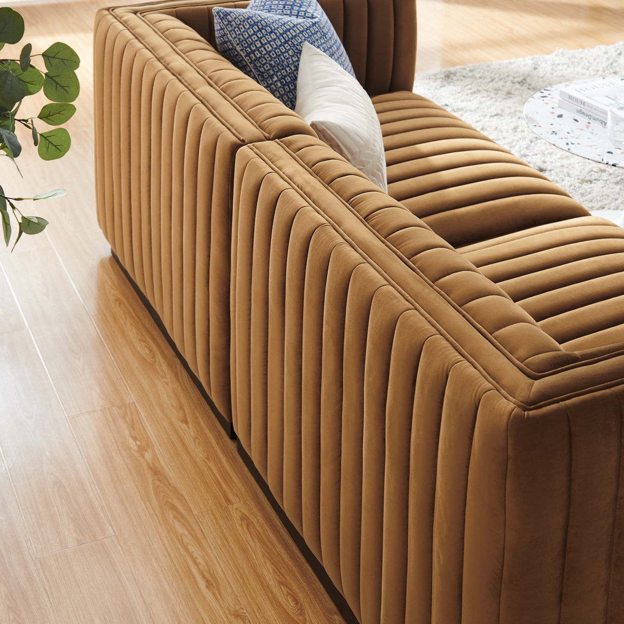 Evoke Velvet Loveseat Sectional, Black & Cognac