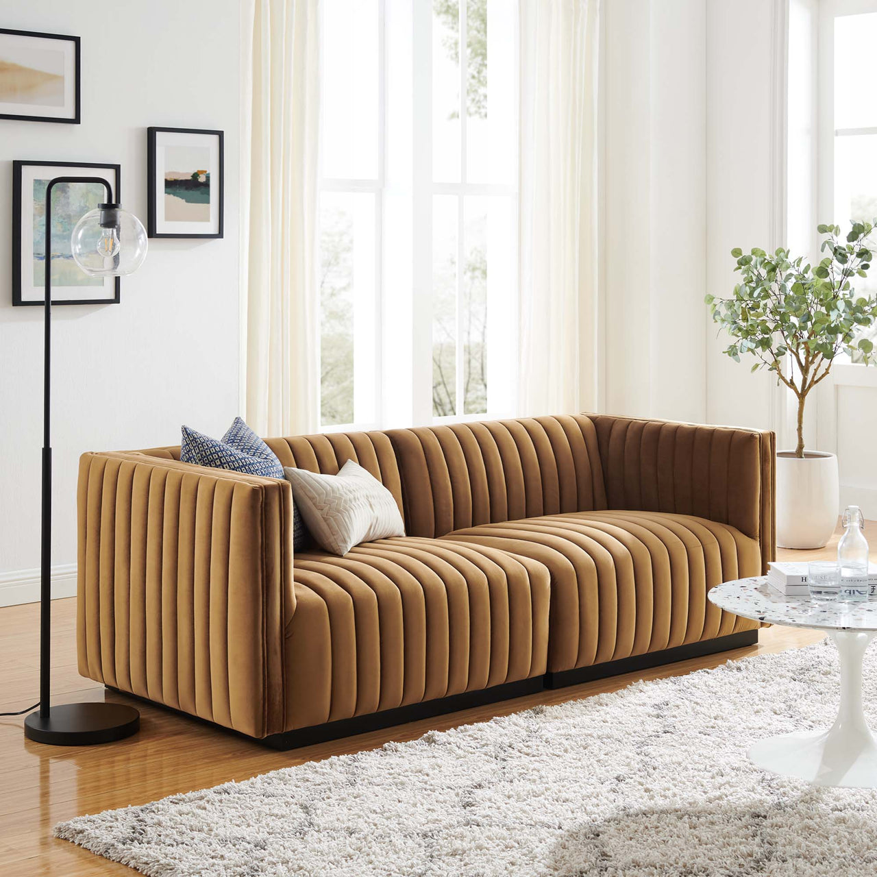 Evoke Velvet Loveseat Sectional, Black & Cognac