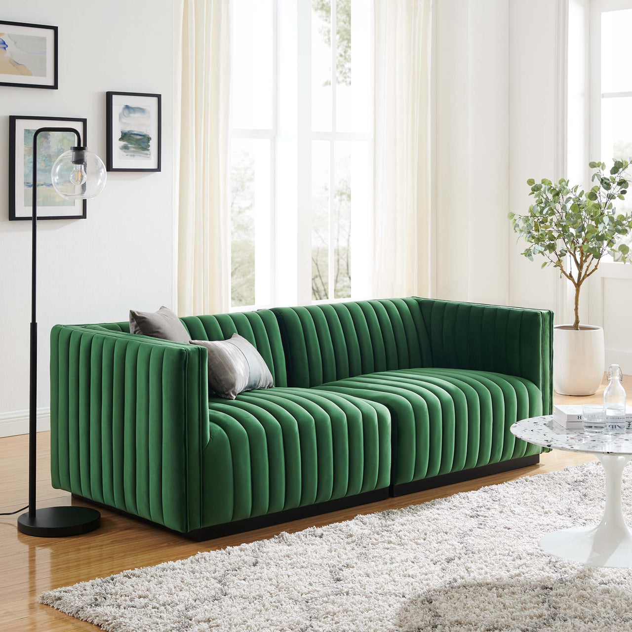 Evoke Velvet Loveseat Sectional, Black & Emerald