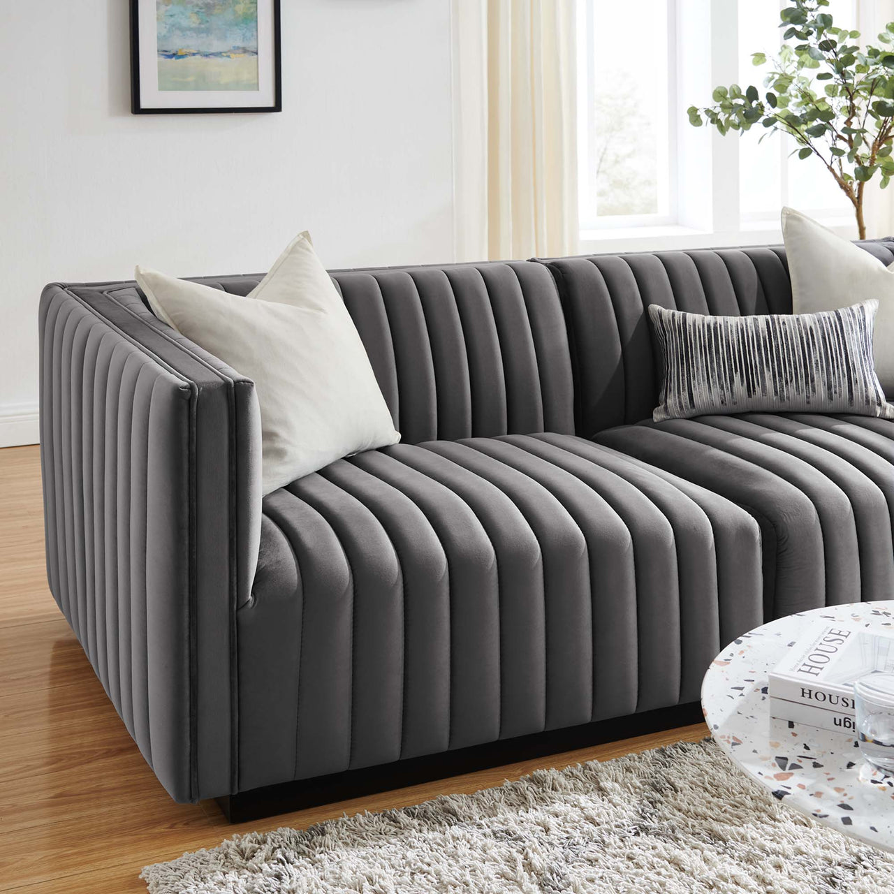 Evoke Velvet Loveseat Sectional, Black & Gray