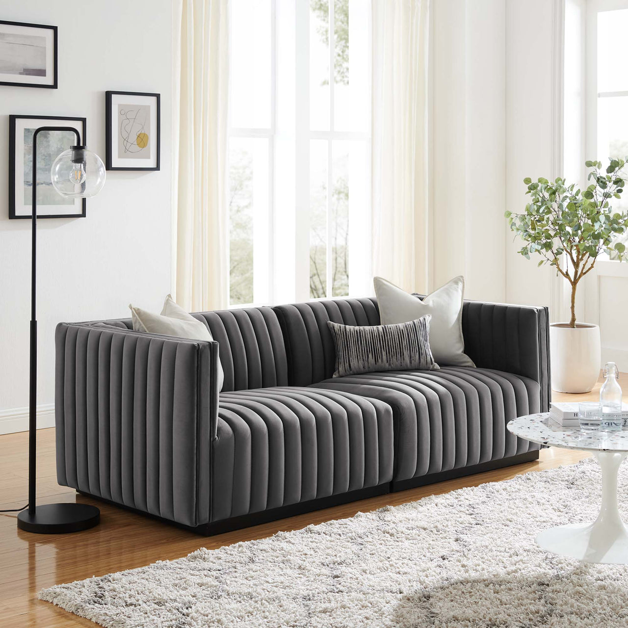 Evoke Velvet Loveseat Sectional, Black & Gray
