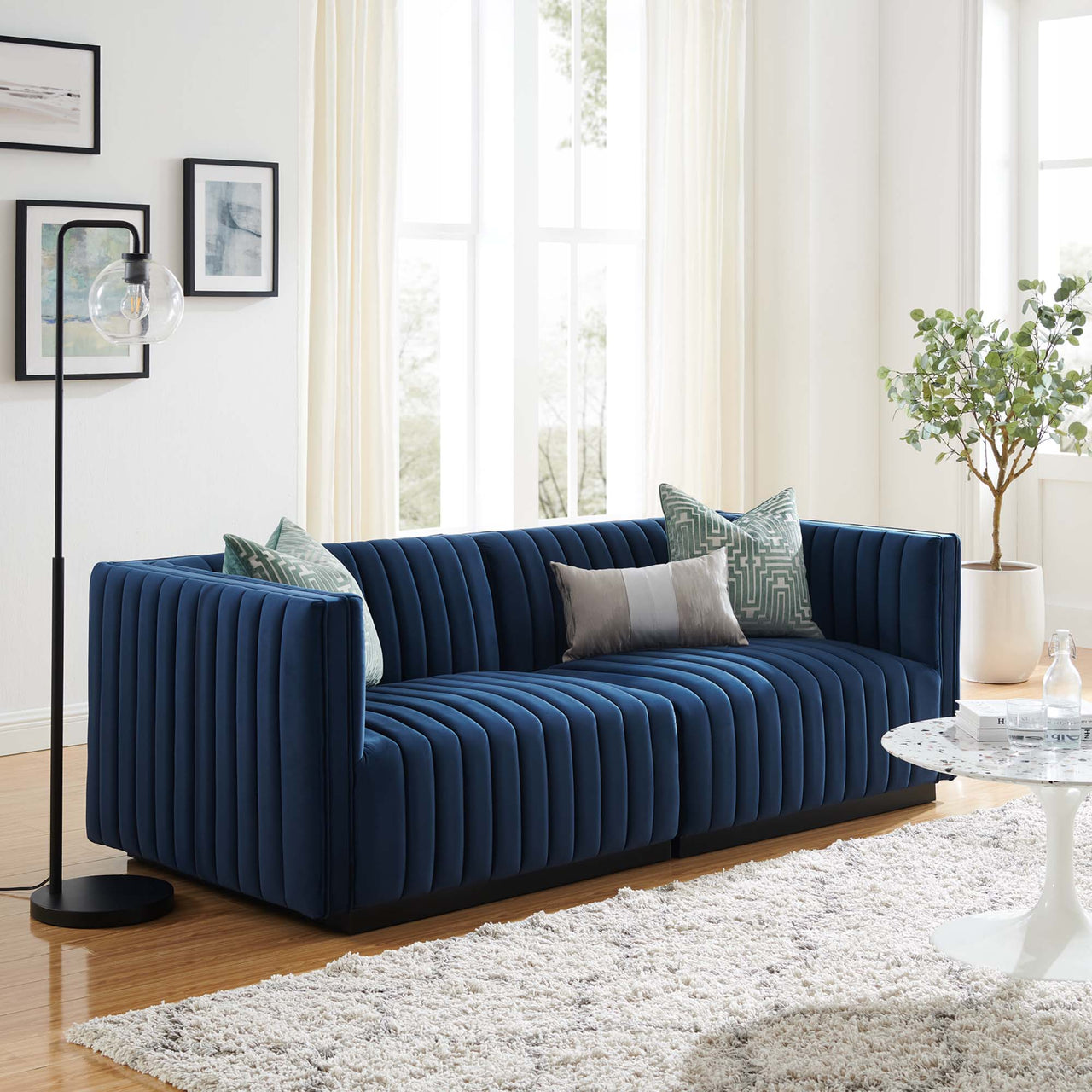 Evoke Velvet Loveseat Sectional, Black & Dark Blue