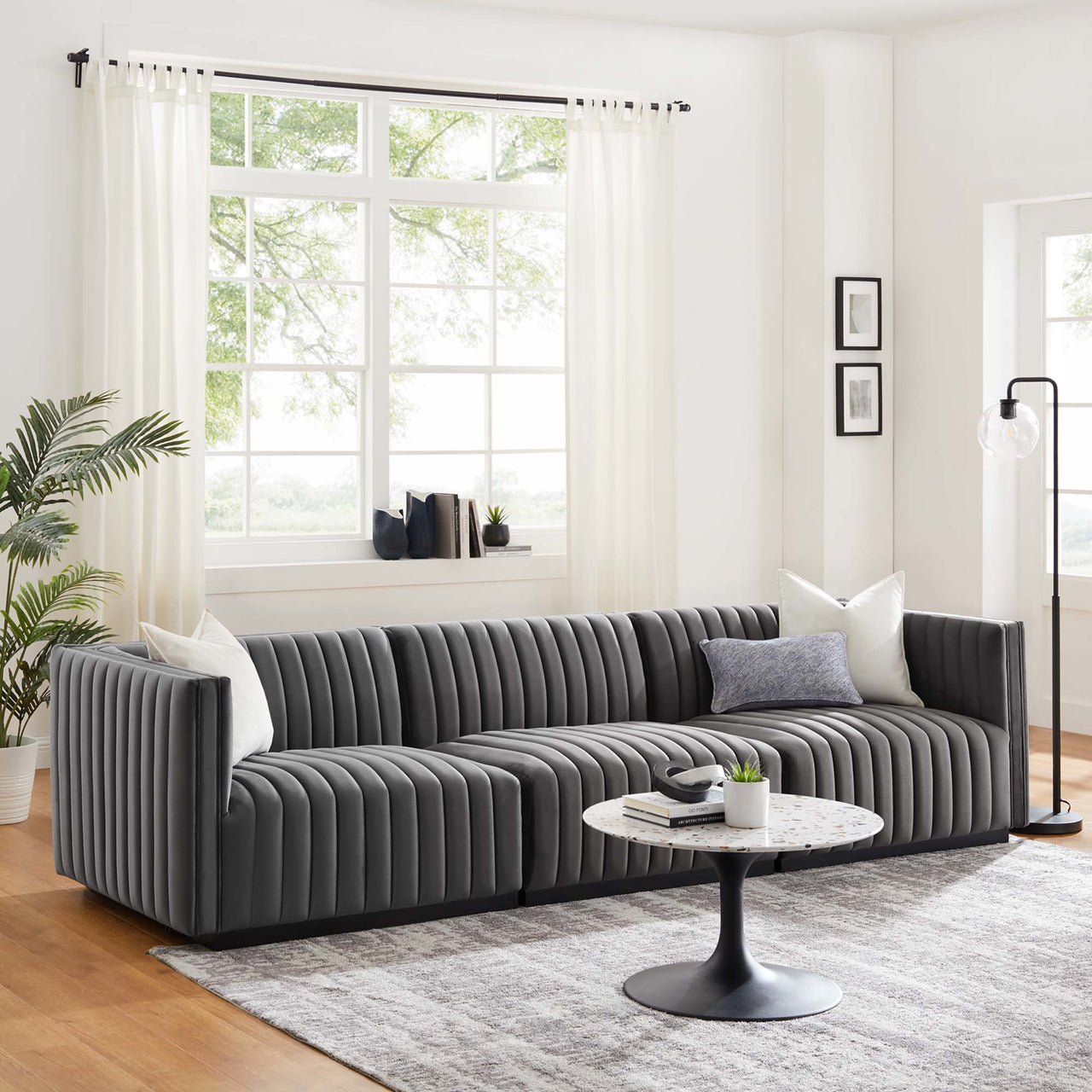 Evoke Velvet Sofa Sectional, Black & Gray