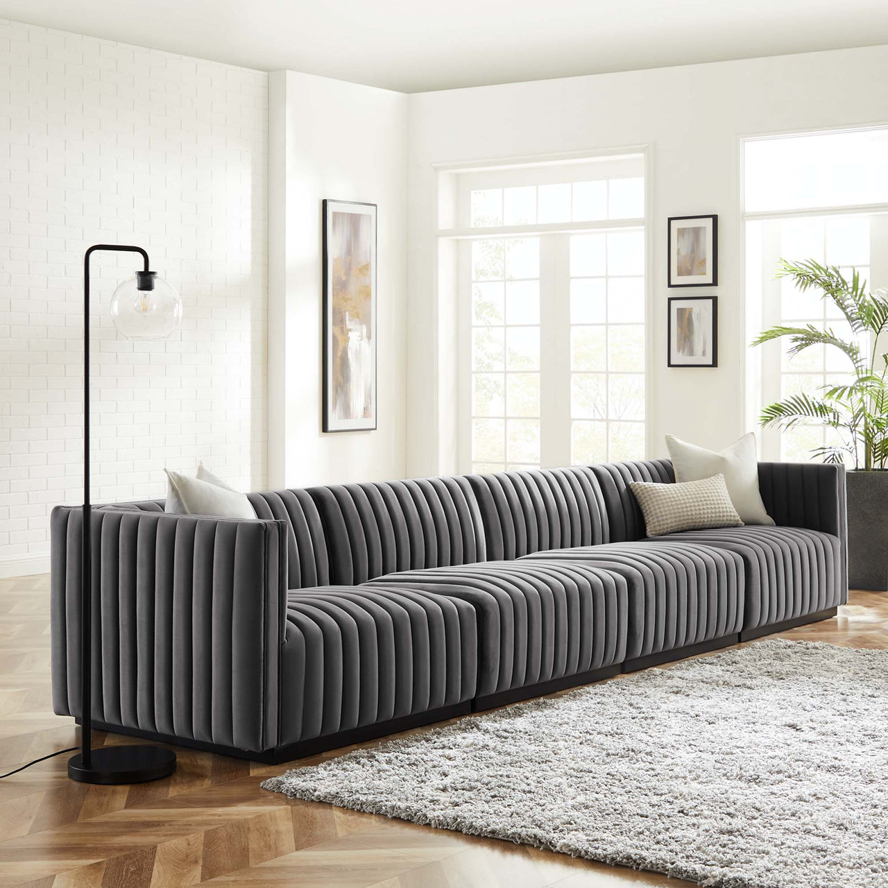 Evoke 4-Piece Velvet Sofa Sectional, Black & Gray