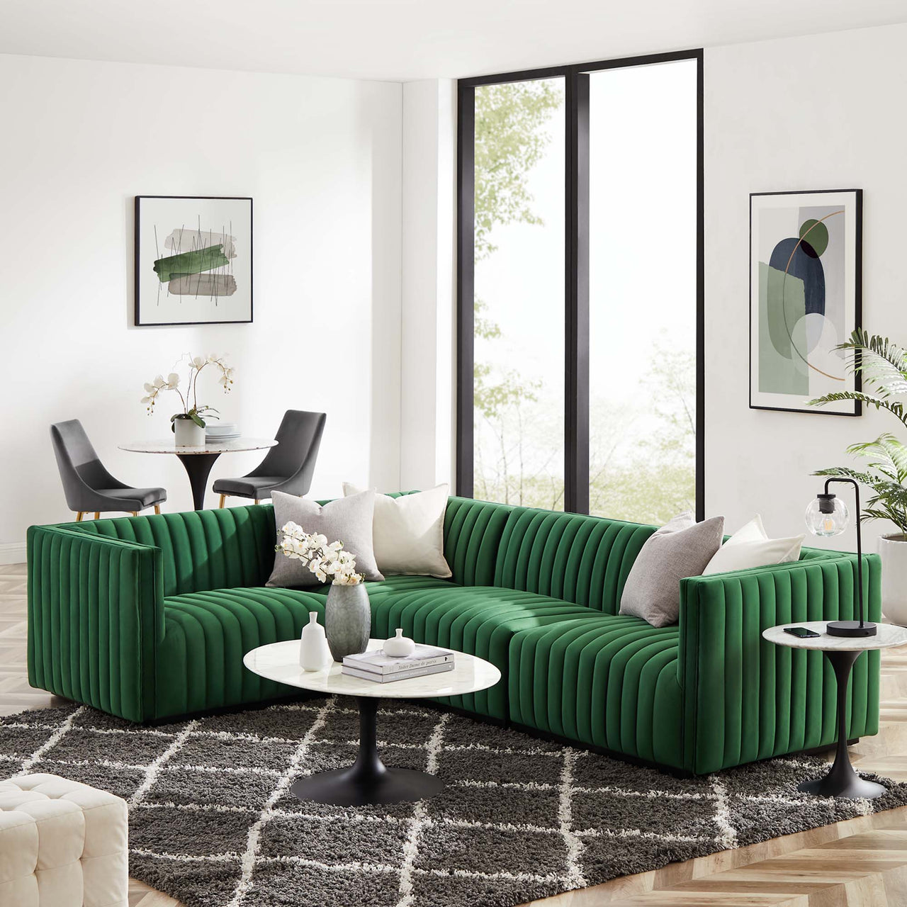 Evoke 4-Piece Velvet Sectional, Black & Emerald