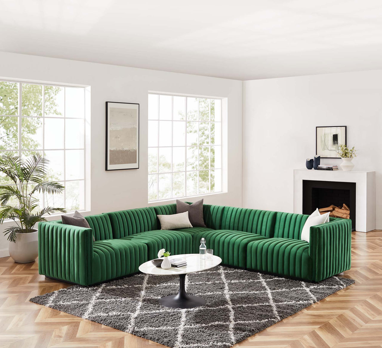 Evoke 5-Piece Velvet Sectional, Black & Emerald