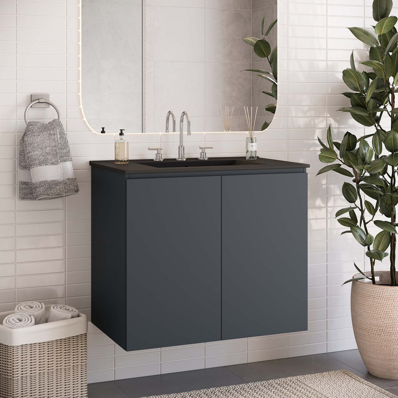 Brittney Floating Vanity Unit, Medium, Gray & Black