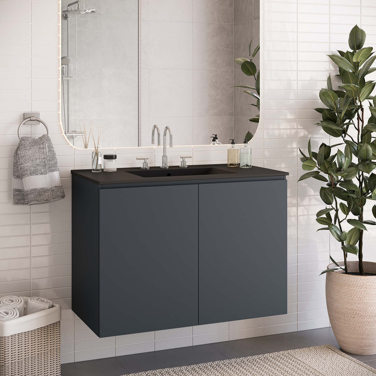 Brittney Floating Vanity Unit, Large, Gray & Black