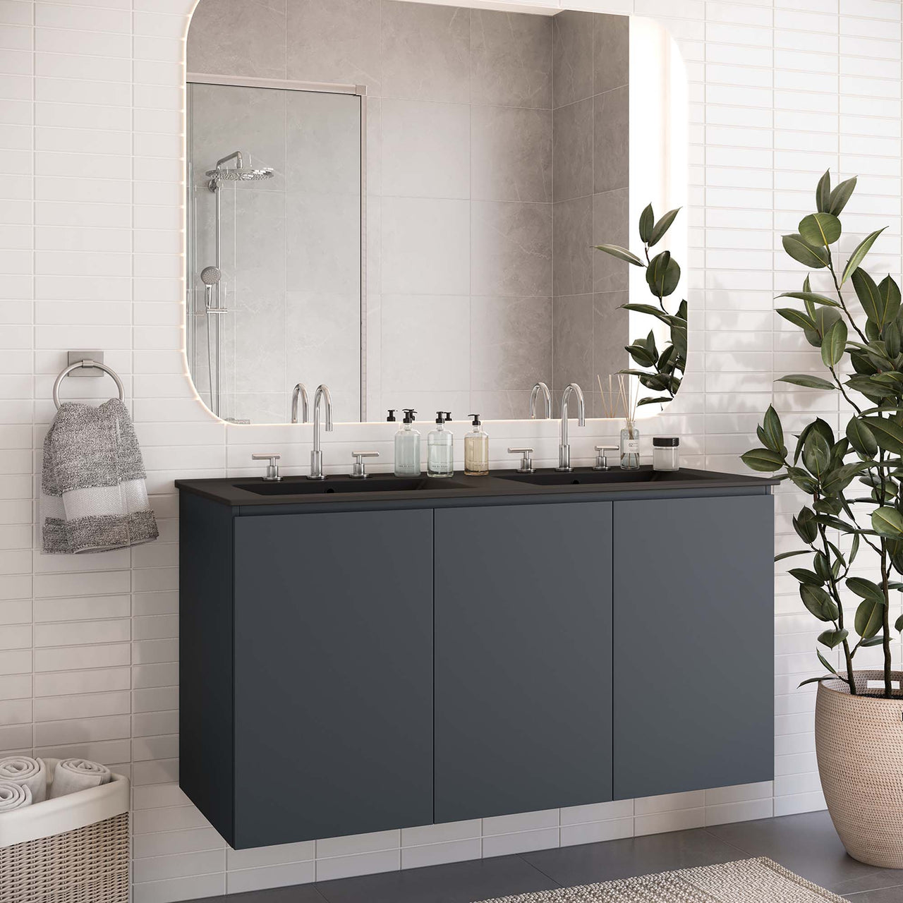 Brittney Wall Mount Double Sink Vanity Unit, Extra Large, Gray & Black