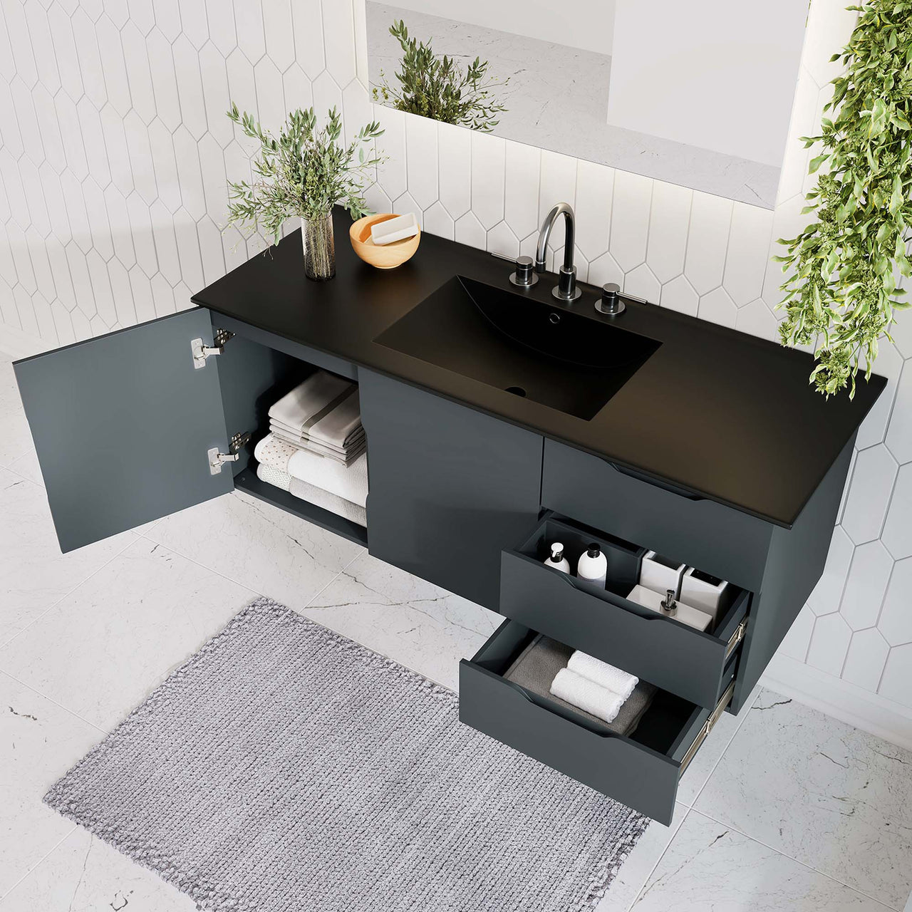 Verin Single Sink Vanity Unit, Extra Large, Gray & Black