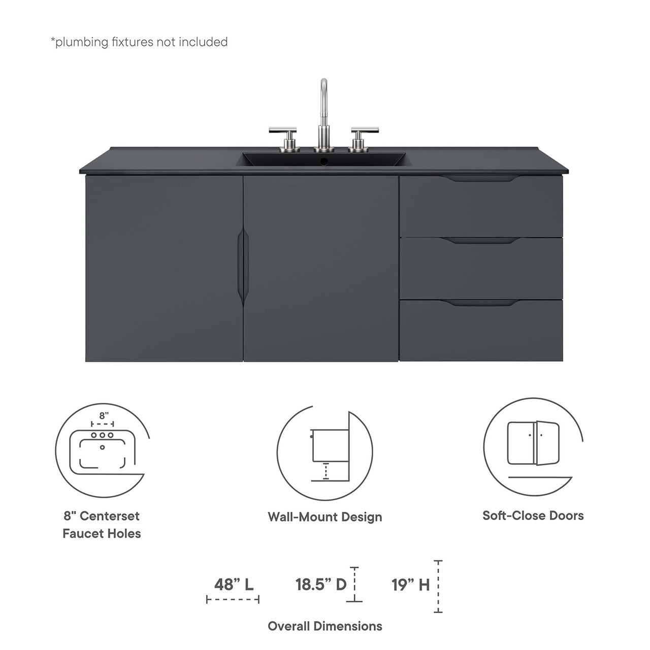 Verin Single Sink Vanity Unit, Extra Large, Gray & Black