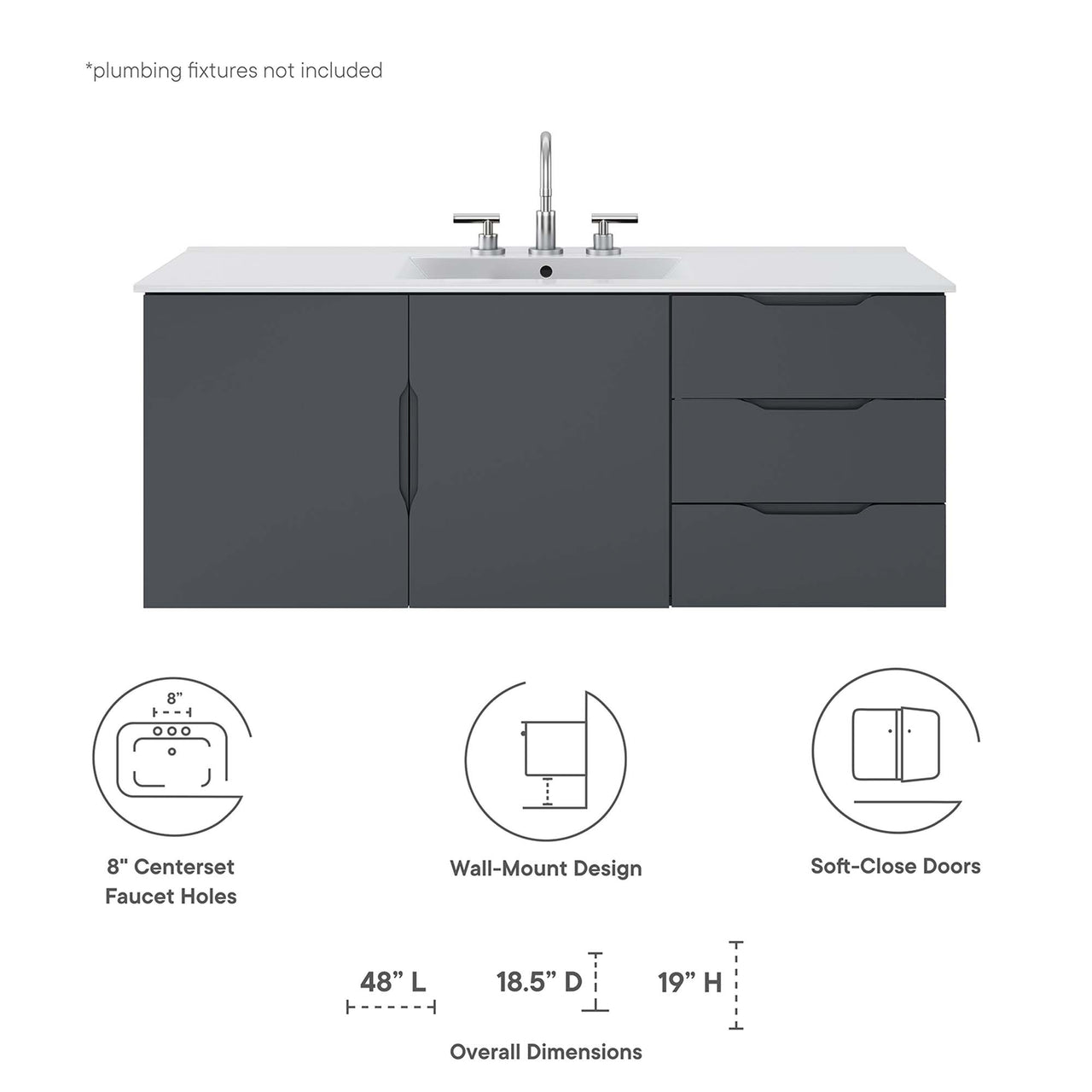 Verin Single Sink Vanity Unit, Extra Large, Gray & White