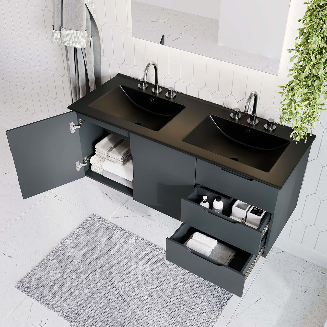 Verin Double Sink Vanity Unit, Extra Large, Gray & Black
