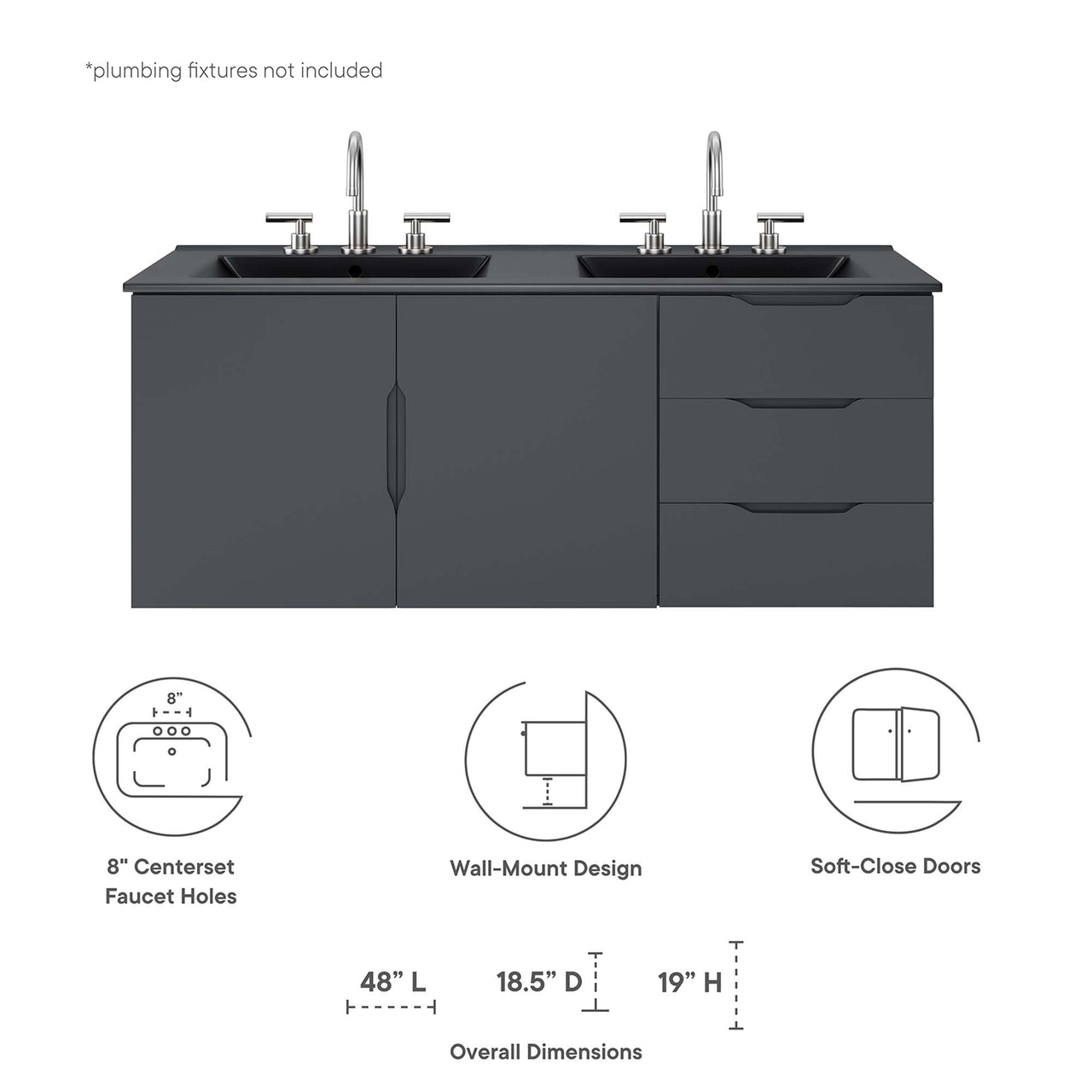 Verin Double Sink Vanity Unit, Extra Large, Gray & Black