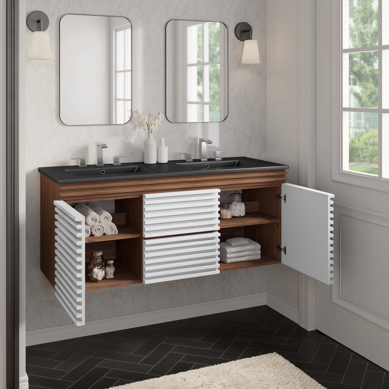 Ventra Floating Vanity Unit, Extra Large, White, Walnut and Black