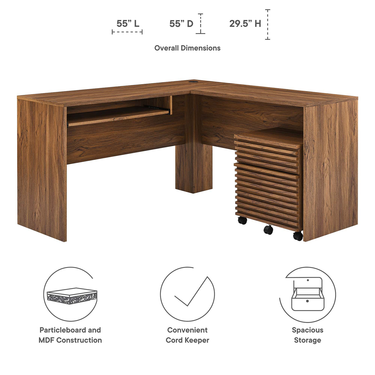 Ventra Wood Desk and File Cabinet Set, Walnut