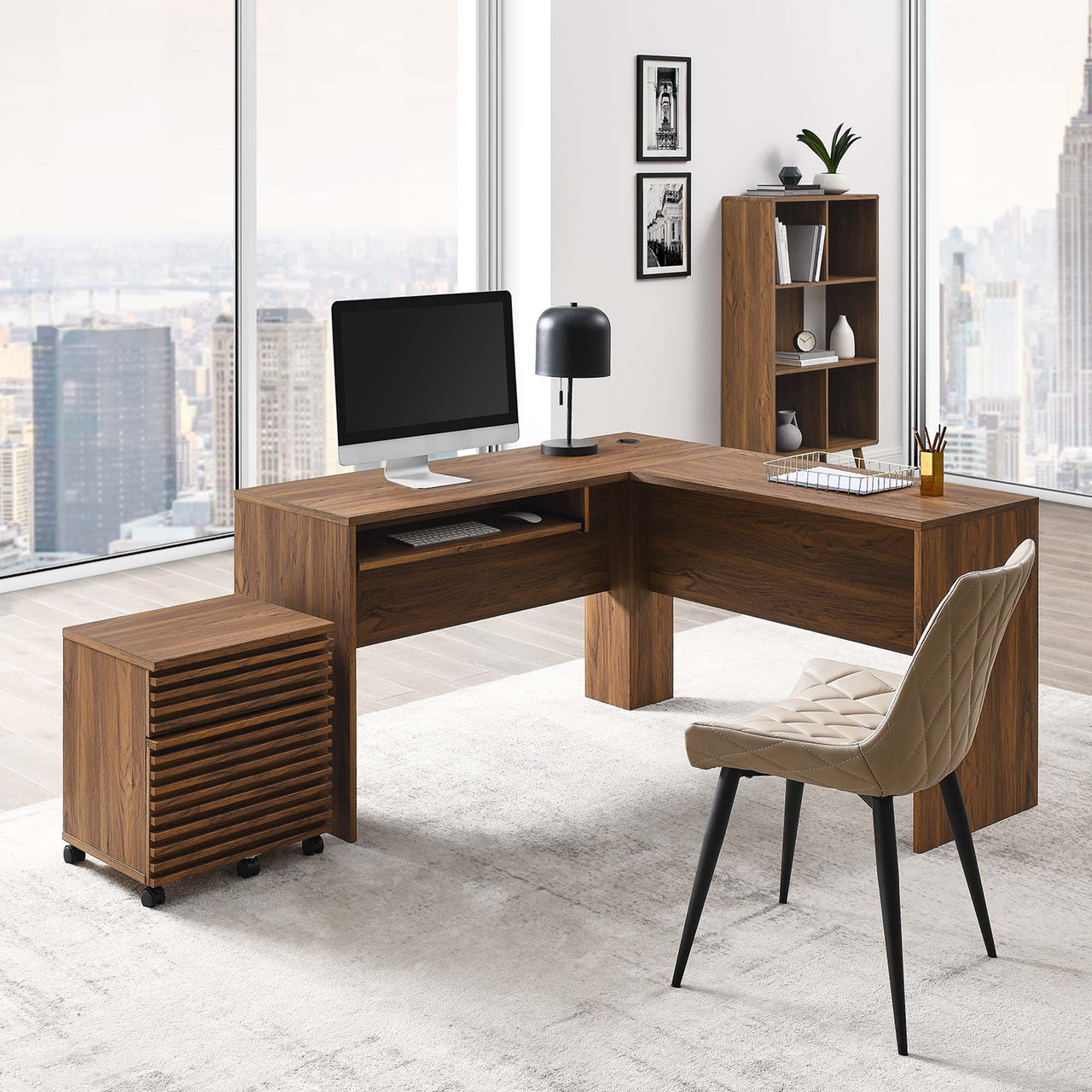 Ventra Wood Desk and File Cabinet Set, Walnut