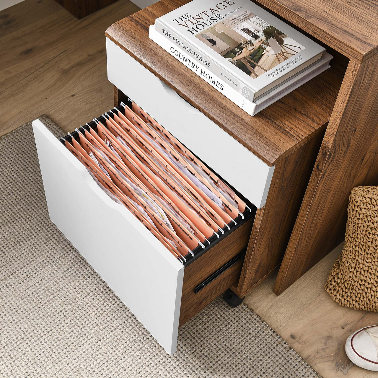 Lunel Desk and File Cabinet Set, Walnut & White