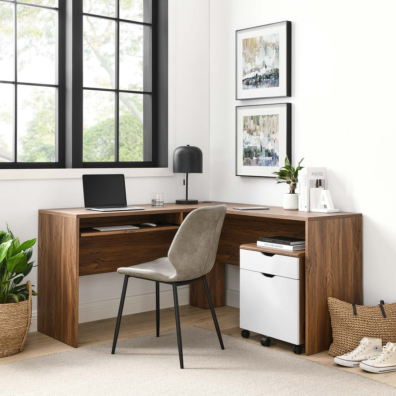 Lunel Desk and File Cabinet Set, Walnut & White
