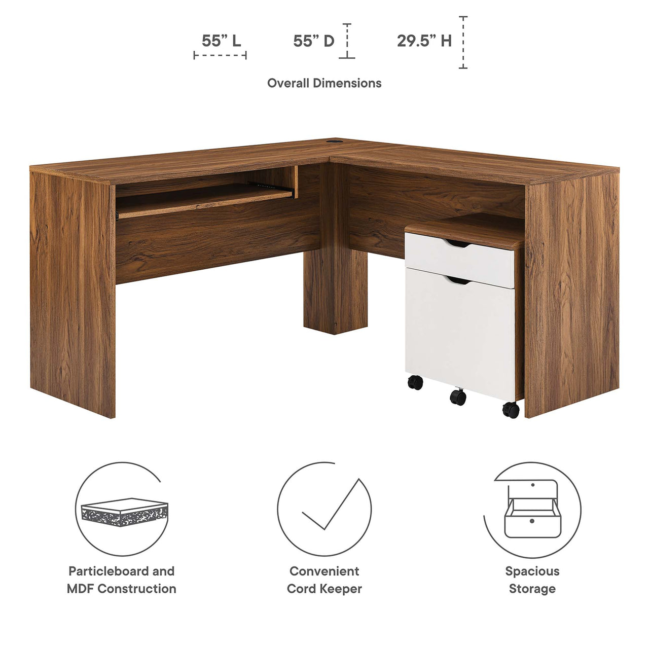Lunel Desk and File Cabinet Set, Walnut & White