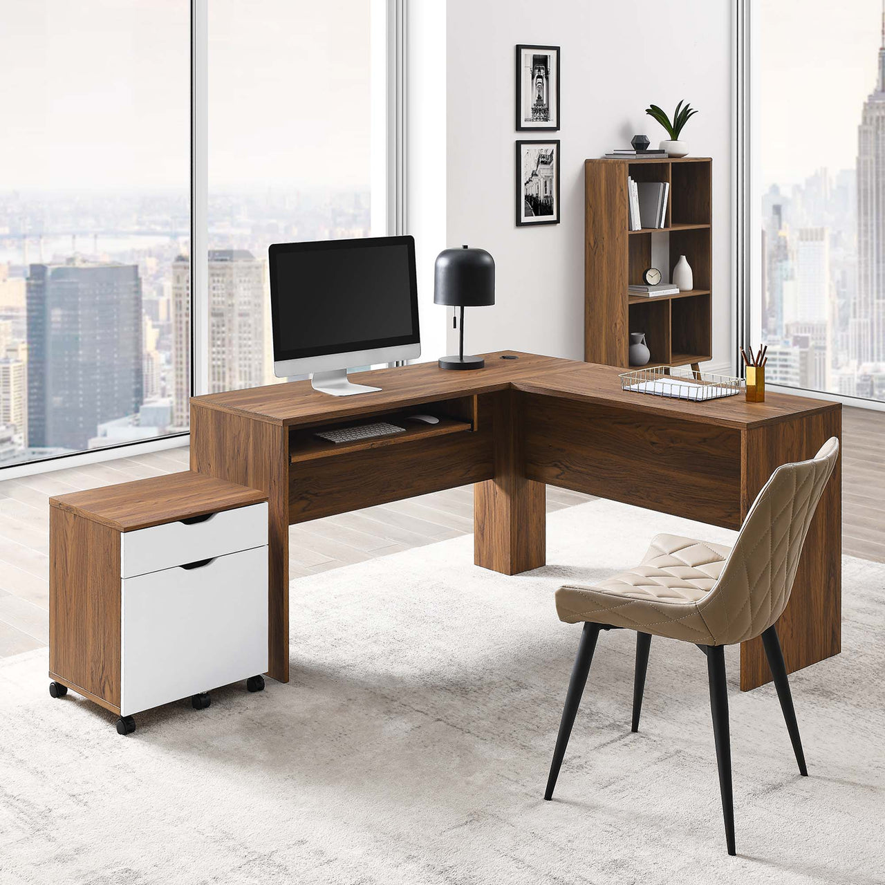 Lunel Desk and File Cabinet Set, Walnut & White
