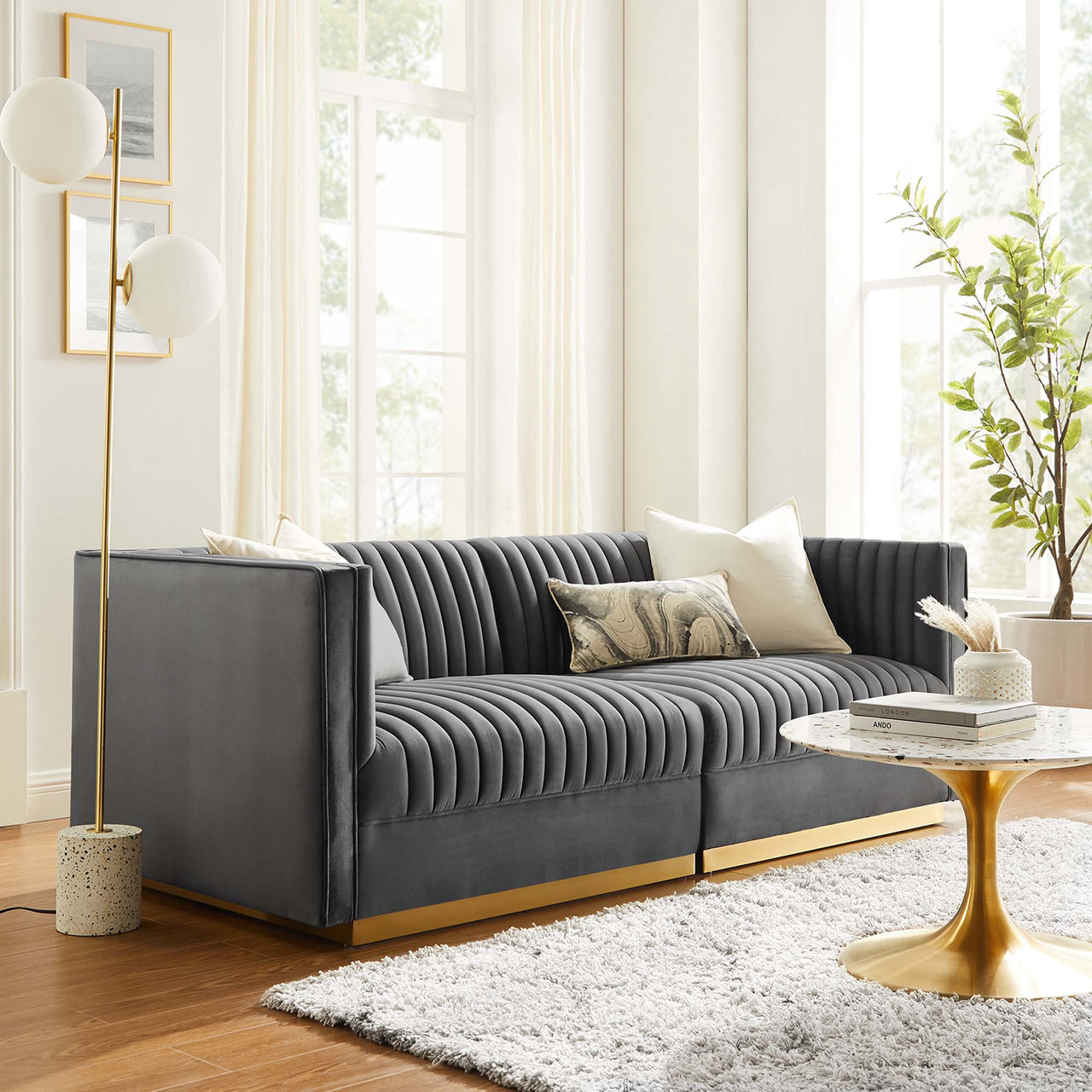 Vladimir Velvet Modular Loveseat Sectional, Gray