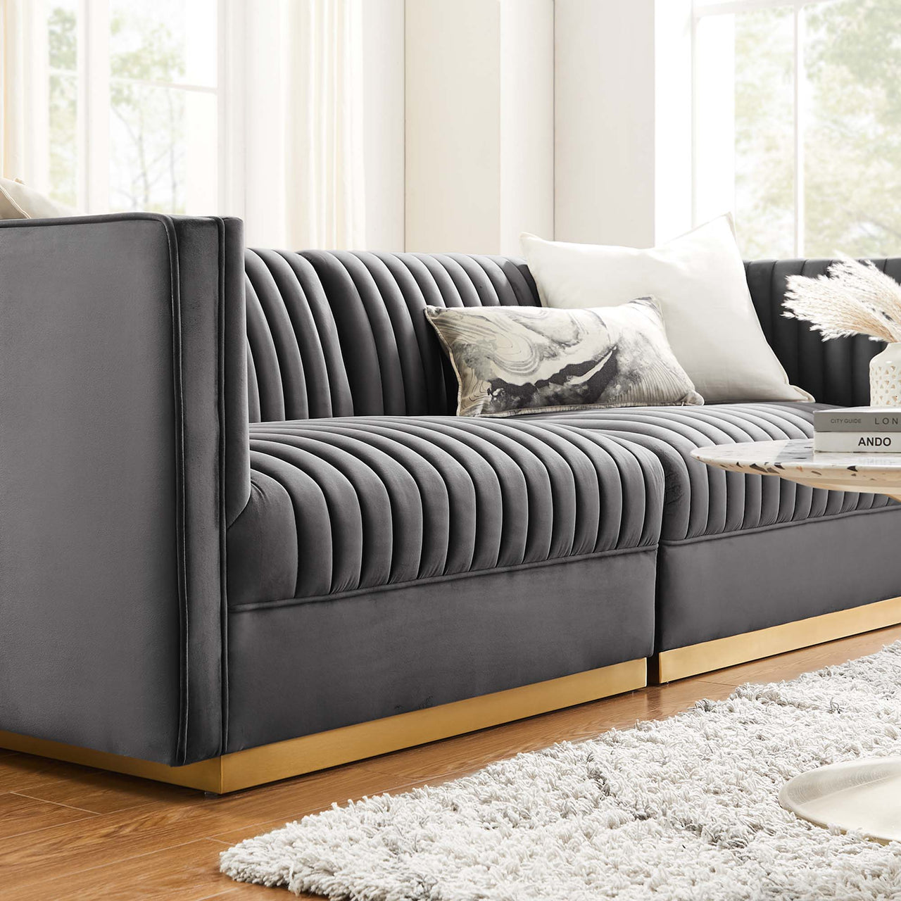 Vladimir Velvet Modular Loveseat Sectional, Gray