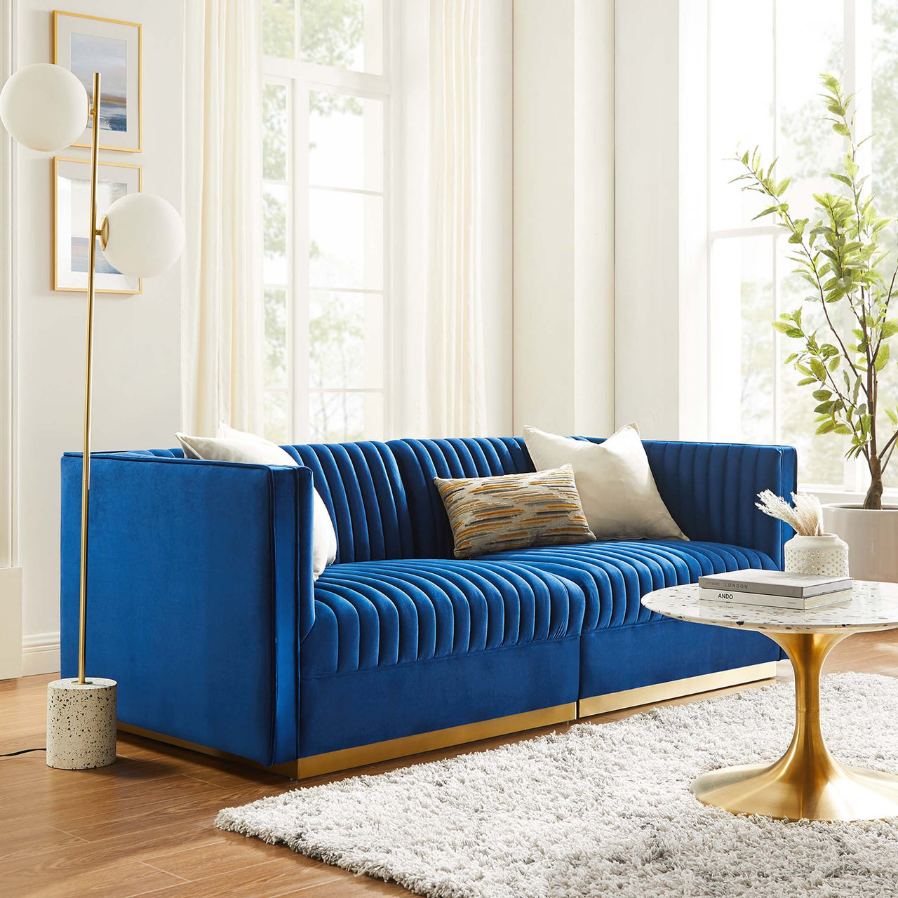 Vladimir Velvet Modular Loveseat Sectional, Navy