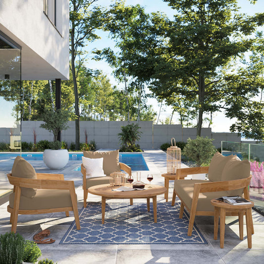 Teca 6-Piece Alfresco Lounging Set, Natural Wood & Light Brown