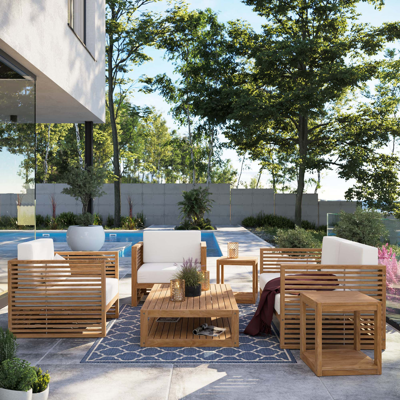 Ladder Rung 6-Piece Alfresco Grade-A Teak Set, Natural Wood & White