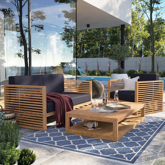 Ladder Rung 3-Piece Alfresco Grade-A Teak Set, Natural Wood & Navy
