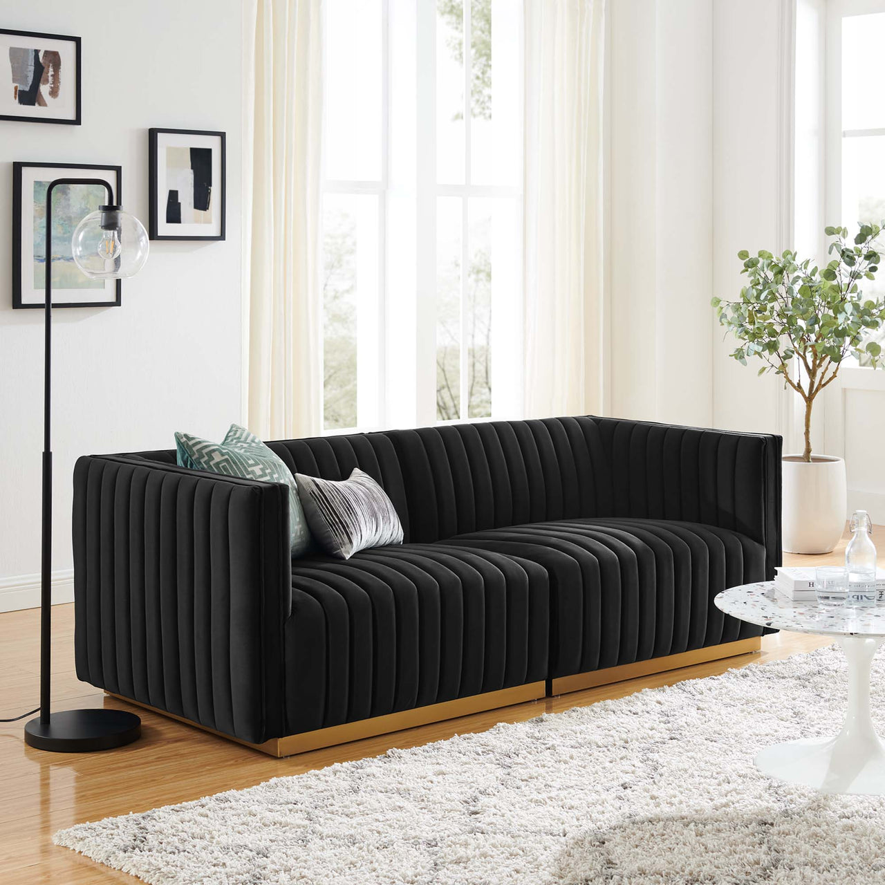 Evoke Velvet Loveseat Sectional, Gold & Black