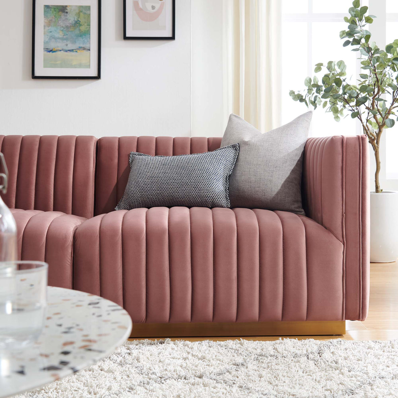 Evoke Velvet Loveseat Sectional, Gold & Dusty Rose