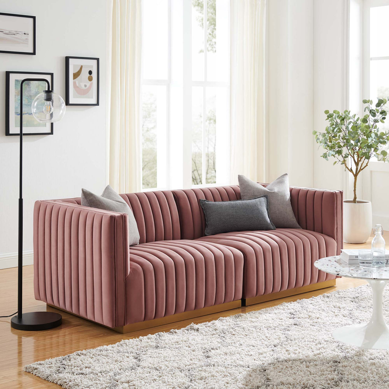 Evoke Velvet Loveseat Sectional, Gold & Dusty Rose