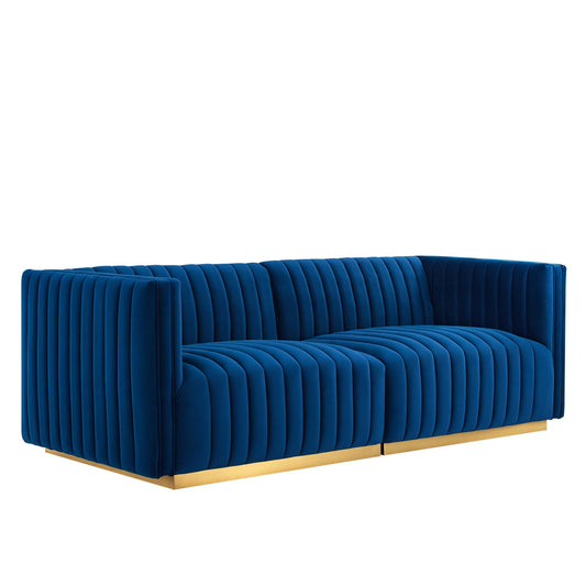 Evoke Velvet Loveseat Sectional, Gold & Navy