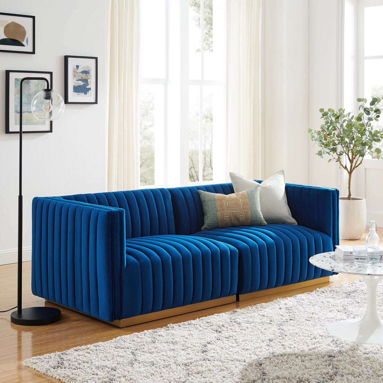 Evoke Velvet Loveseat Sectional, Gold & Navy