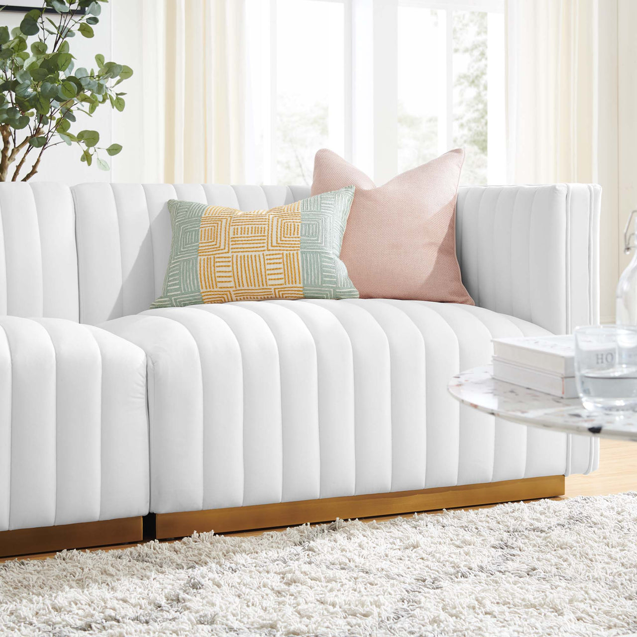 Evoke Velvet Loveseat Sectional, Gold & White