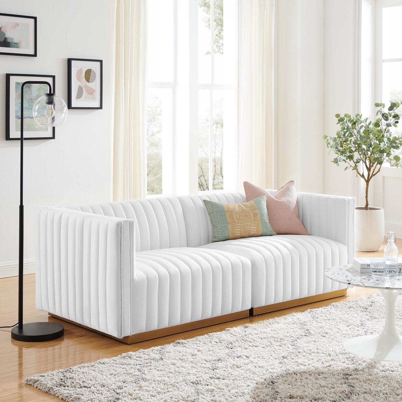 Evoke Velvet Loveseat Sectional, Gold & White