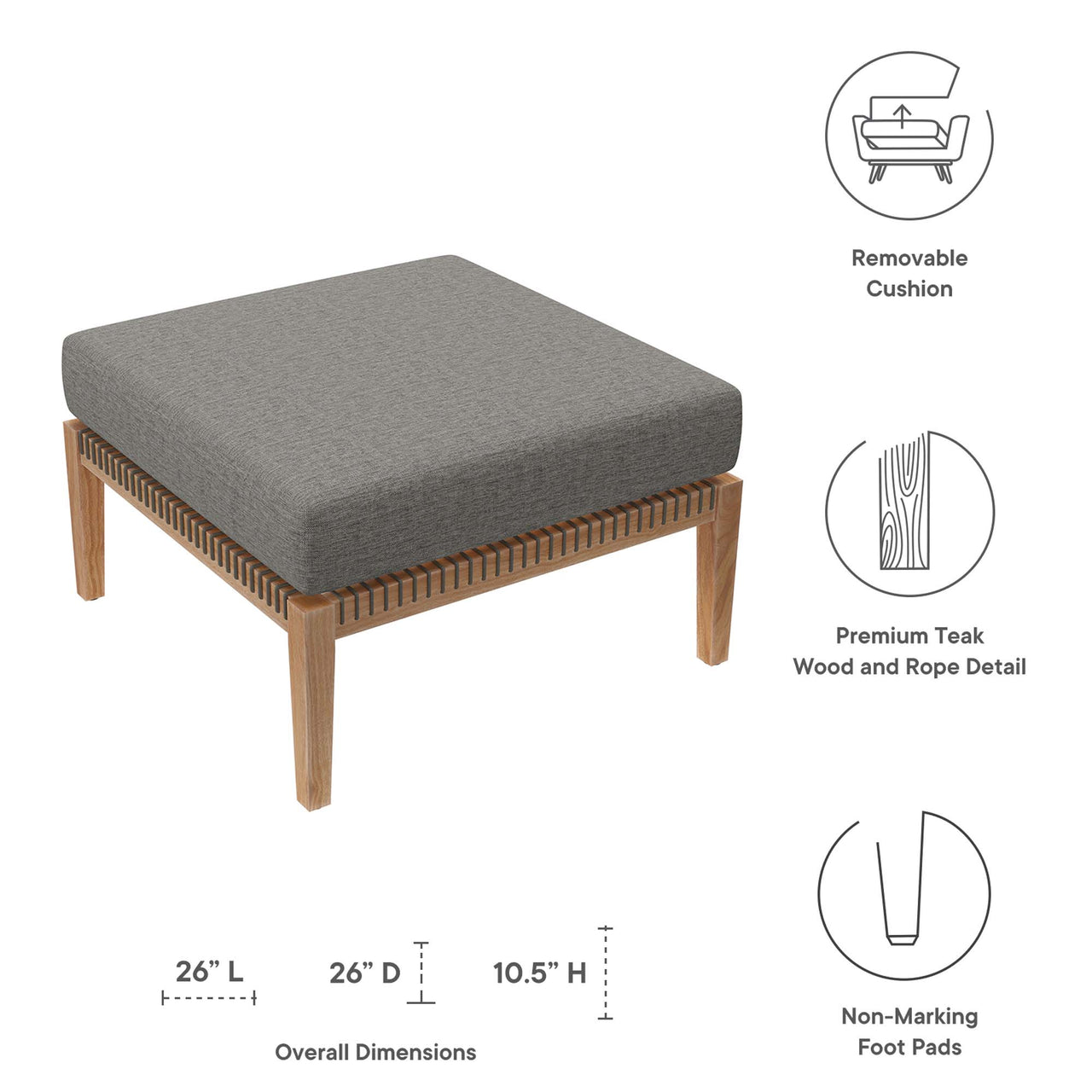 Brightmoor Alfresco Ottoman | Outdoor Modular Sectional Component, Gray & Natural Wood