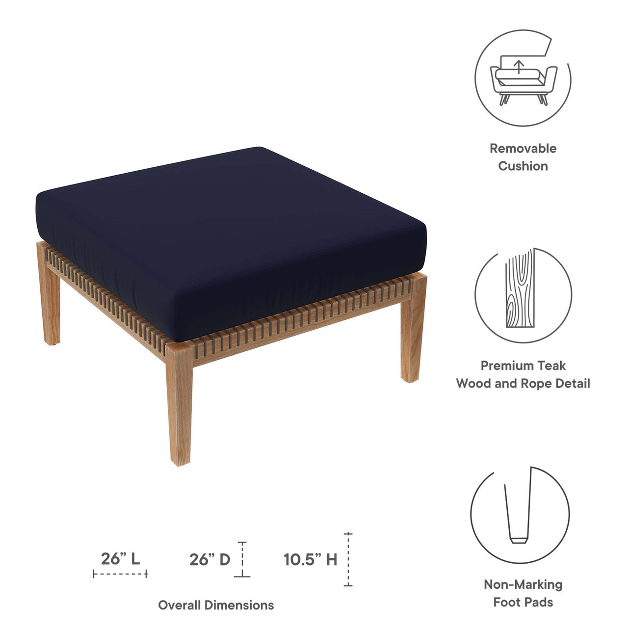 Brightmoor Alfresco Ottoman | Outdoor Modular Sectional Component, Gray & Navy